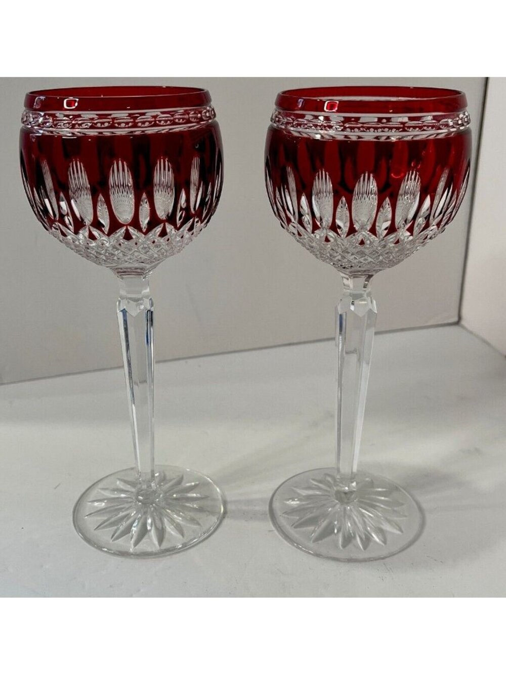 Vtg Pair of Waterford Crystal Clarendon Ruby Red Cut to Clear Wine Hock Glasses